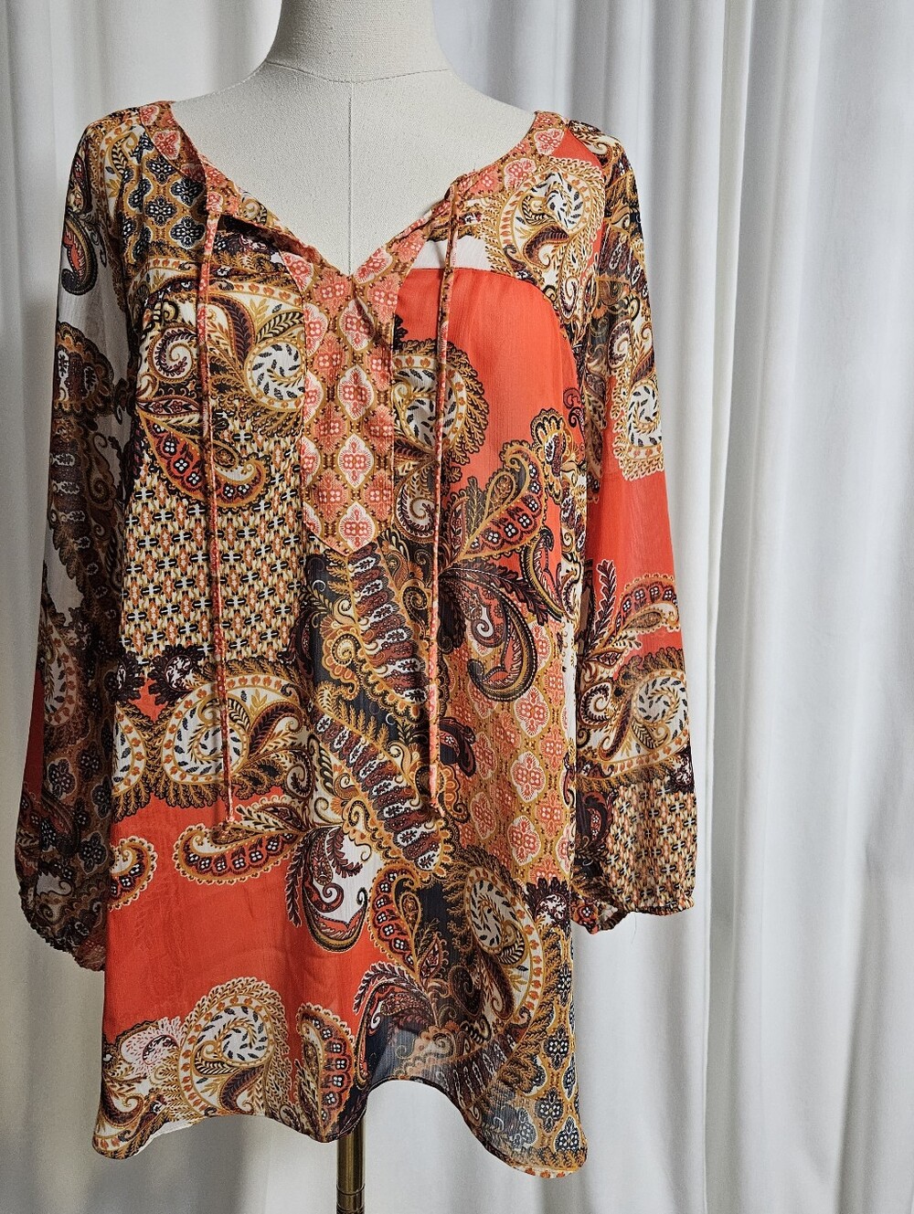 Zac & Rachel Boho Paisley Peasant Tunic Top in Coral